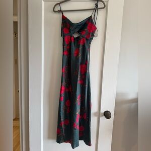 Hello Molly Teal Red Floral Satin Midi Dress Cutout